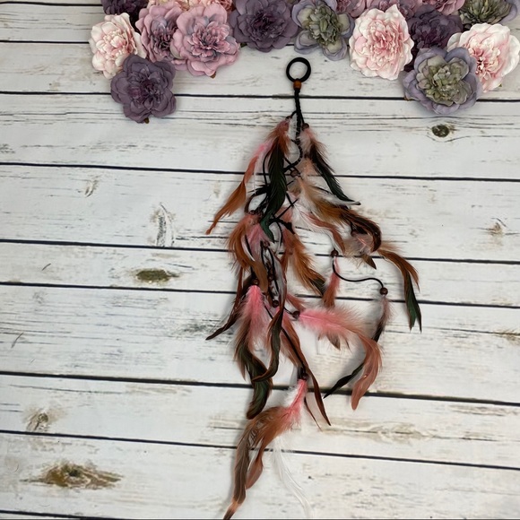 Boho Pink and White Long Feather Elastic Hair Tie - Picture 5 of 14